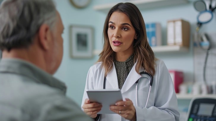A doctor discussing medical options with a senior man in a clinic