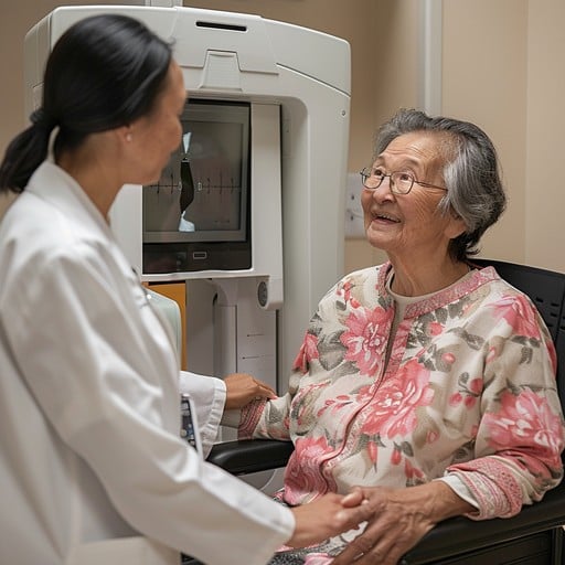 An older adult receiving an eye exam from a female doctor