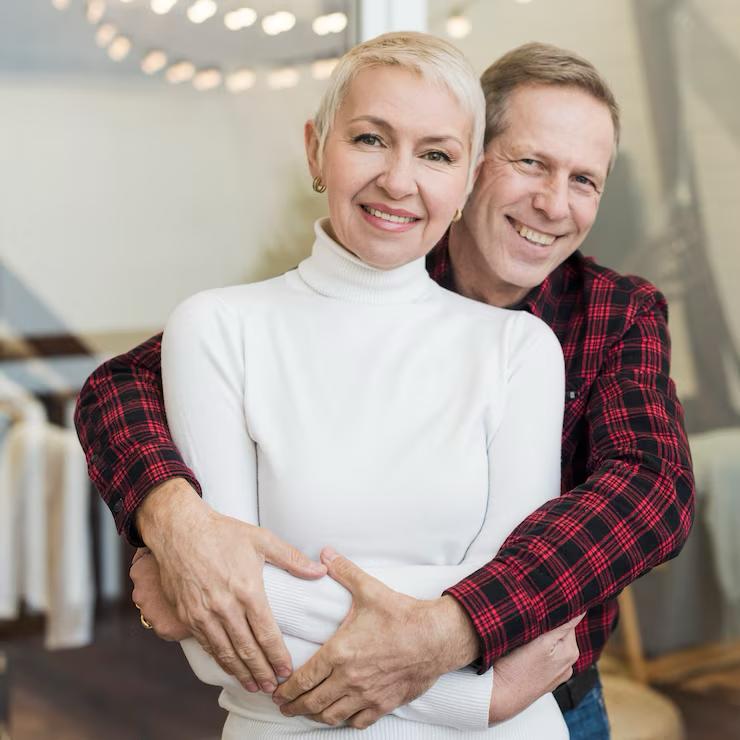 An elderly couple smiling confidently.