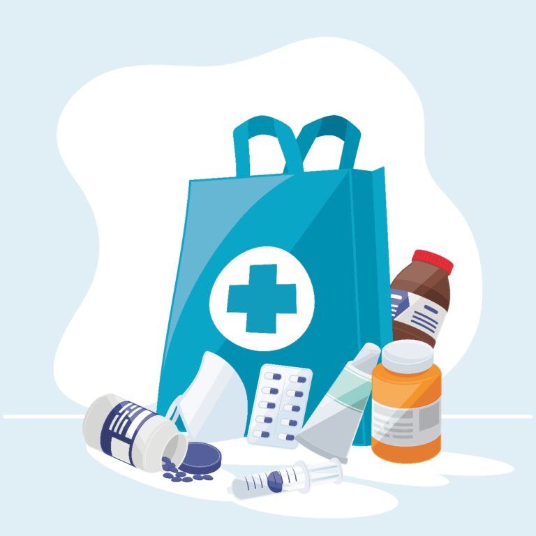 Medicare-themed tote with prescription drugs, tablets, and a syringe